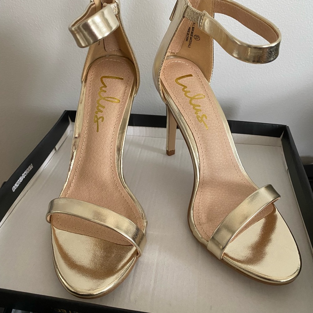 Lulus Search The Stars Gold Ankle Strap heels 6.5